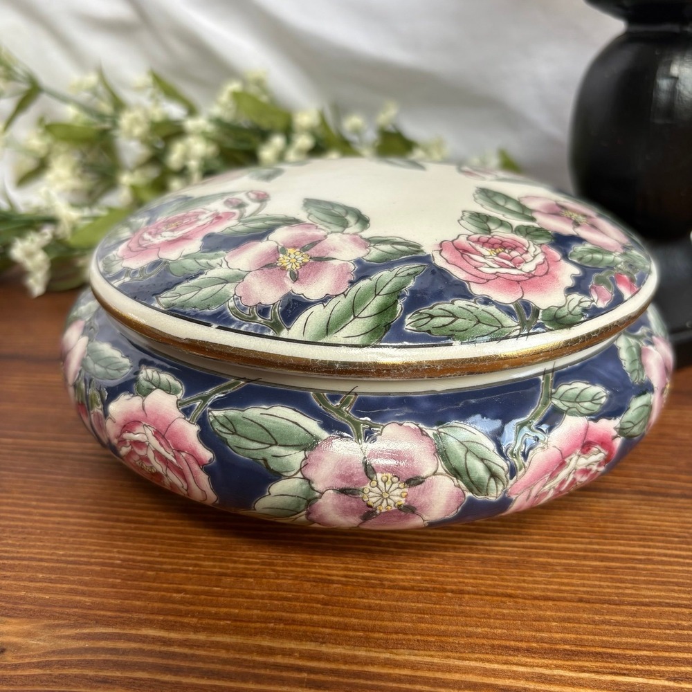 Vintage Andrea by Sadek Chinoiserie Trinket Box, Pink Rose Floral Porcelain Powd